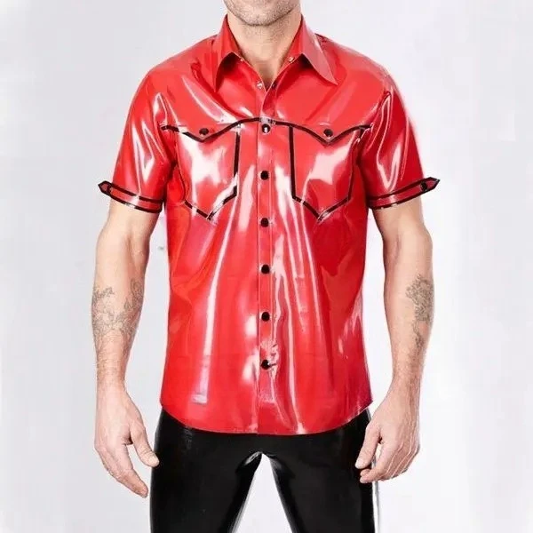 

customized mens male's red latex shirt with short sleeve safari style clubwear handmade natural100% cosplay