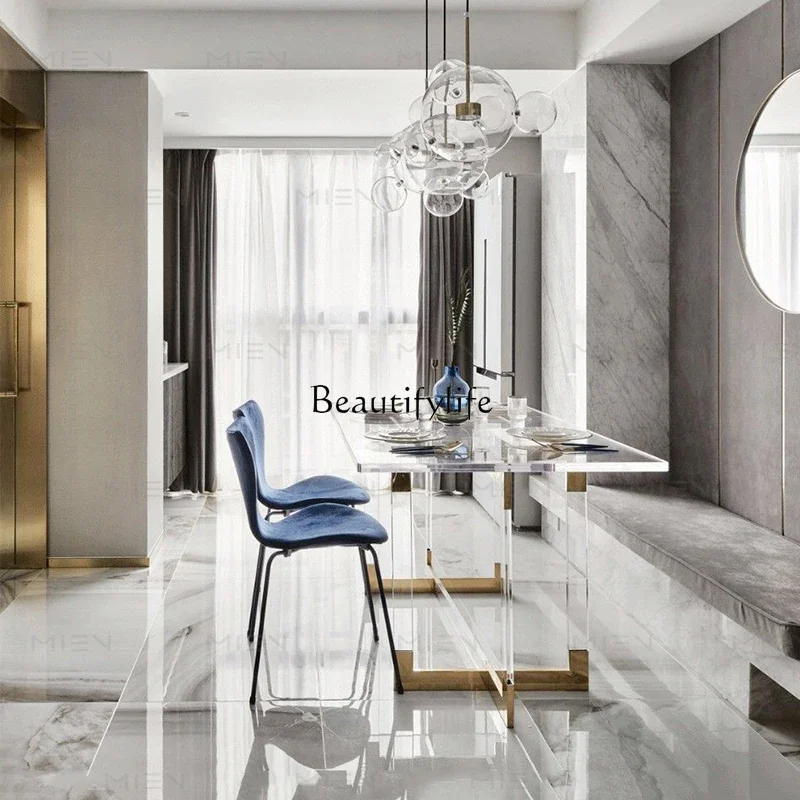 ls 04Personalisierter Esstisch aus transparentem Acryl, galvanisierter Sockel aus Edelstahl mit Champagnergold, hochtransparentes Plexiglas