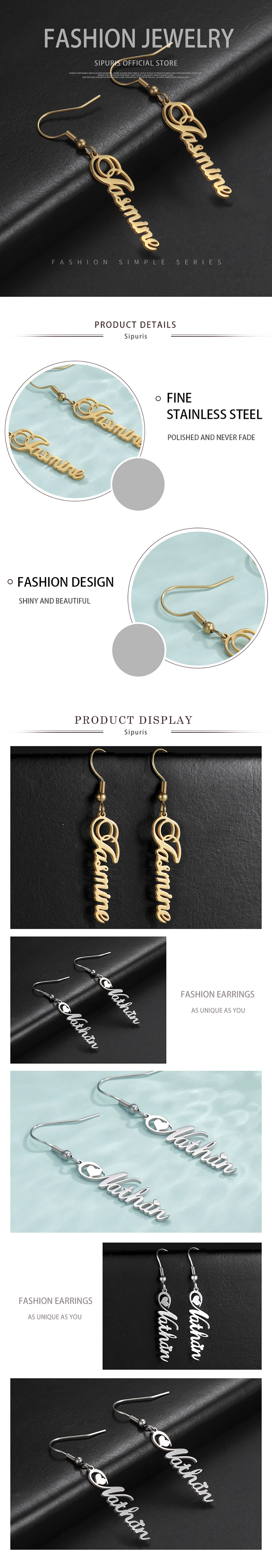 Sipuris Edelstahl Personalisierte Anhänger-Ohrringe mit Namen, Schmuck für Frauen, Maßgefertigte Hängeohrringe, Mode – Detail 4