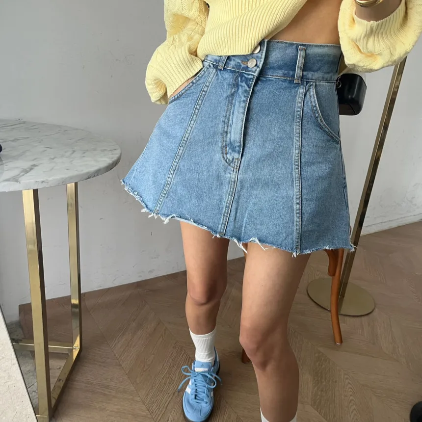 SML Blue Denim กระโปรง 2025 สไตล์อเมริกันสูงเอวกระโปรงมินิกระโปรงผู้หญิงสายกางเกงยีนส์กระโปรงสไตล์ (XHN1533