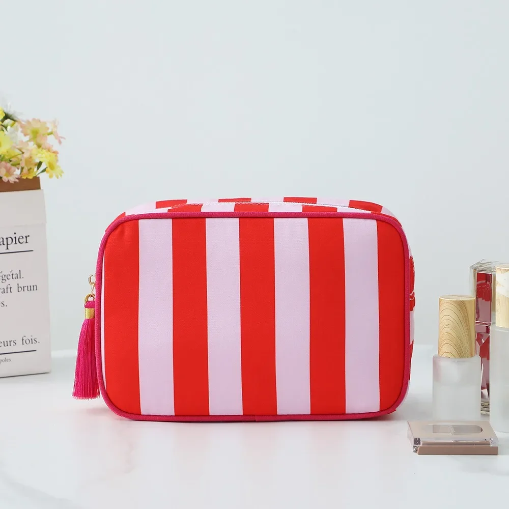 Canvas Striped Tassel Cosmetic Bags Women Fashion Versatile Portable Makeup Pouch Female Casual Large Capacity Storage Bag