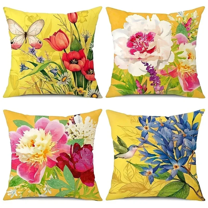 

Home Decor Colorful Flowers & Butterfly Hummingbird Cushion Pattern Cushion Cover Suitable For Sofa Bedroom Car Pillow Cover