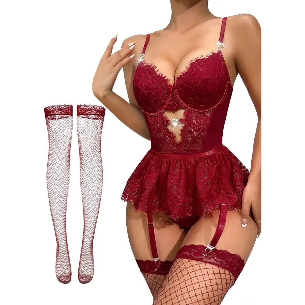 

Sexy Stocking Rhinestones Heart Garter Underwire Floral Mesh lace Sheer Babydoll Lingerie Teddy Bodysuit Skirt Set