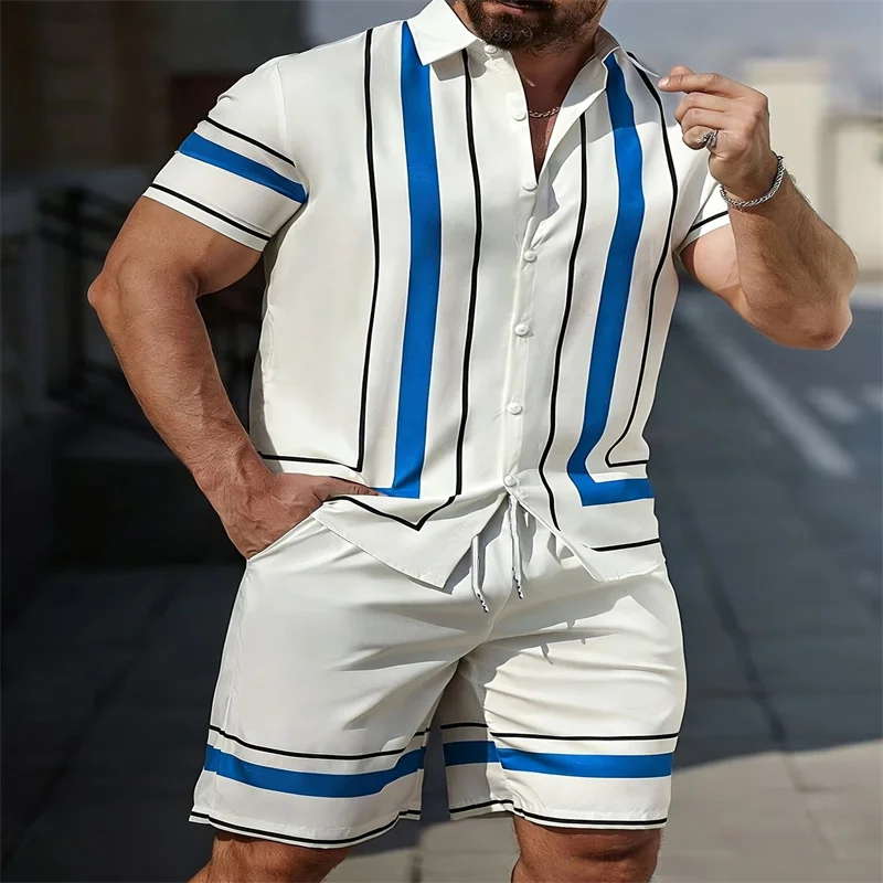 Men's two-piece summer set: white and blue striped short-sleeved collared shirt and drawstring shorts, available in multiple col