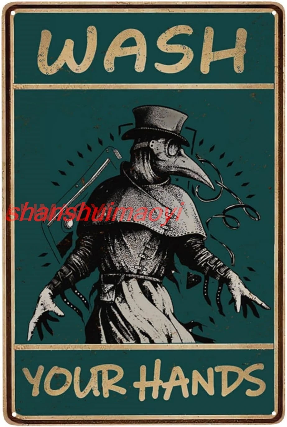 ALI Gothic Wash Your Hands Vintage Metal Sign, Goth Restroom Decor Poster, Plague Doctor Accessories Wall Art, Unique Funny Bat