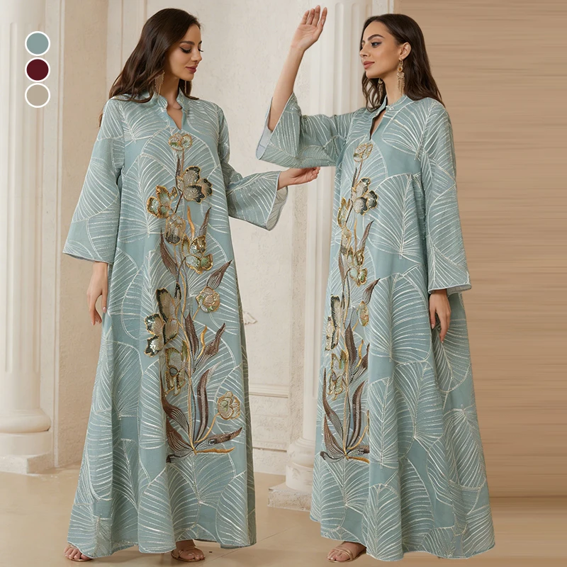 

NEW V-Neck Muslim Abaya Luxury Caftan Colorful Embroidery Large Flower Leaves for Saudi Arabian Dubai Evening Party Dresses Robe