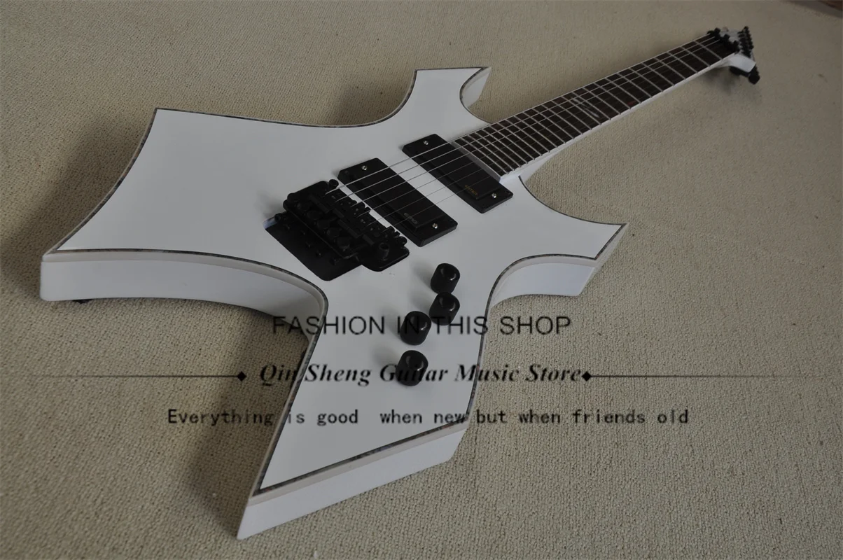 

White Electric Guitar BC Guitar Maple Neck Set In Basswood Body Tremolo Bridge Black Tuners Color Shell Binding Active Battery