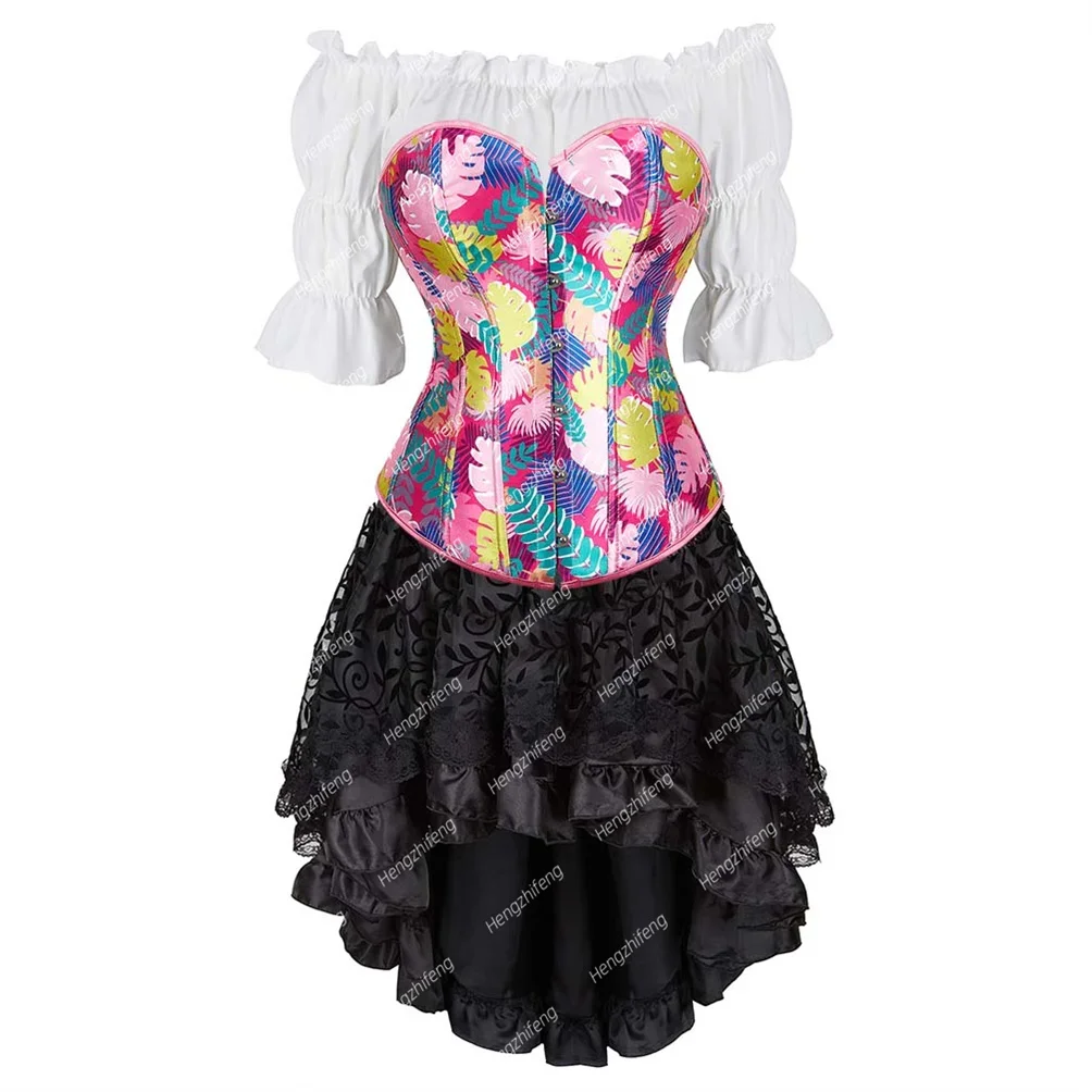 Burlesque Corset Skirt and Skirt Print Bustier Lace Up Basques Corsets 3 Piece Cheerleader Outfits Halloween Costumes Plus Size