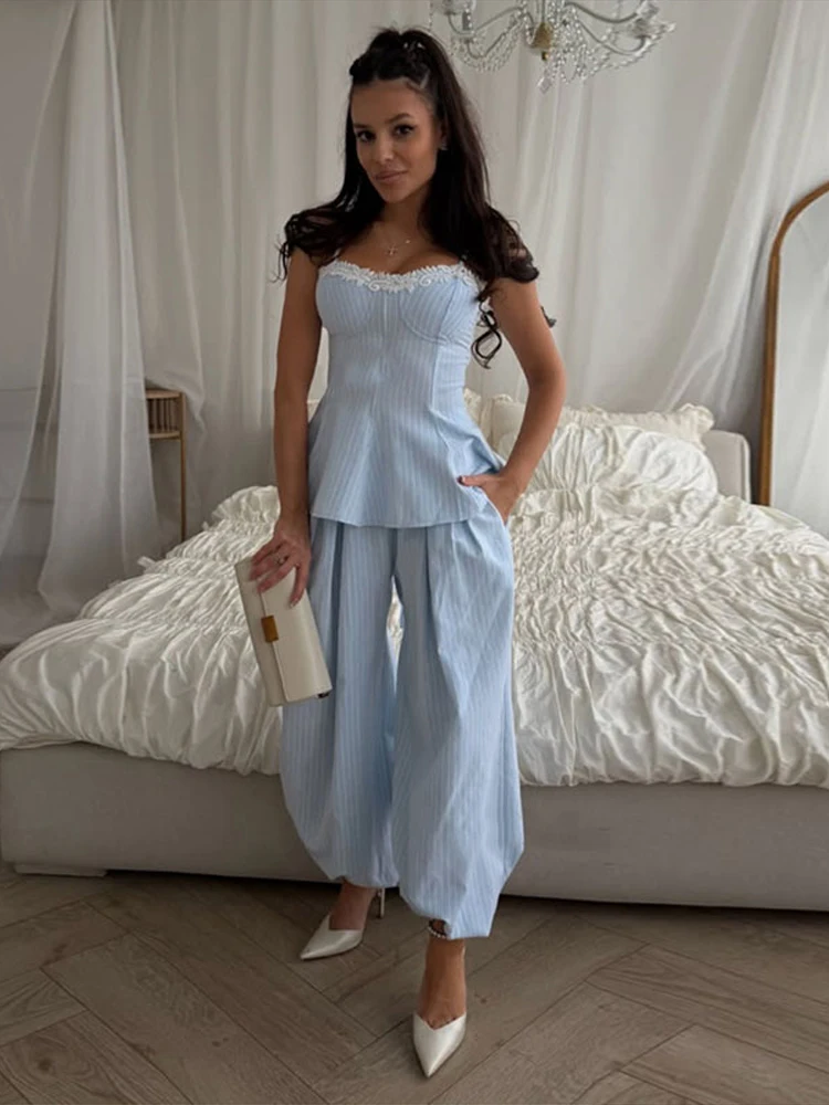 

Fashion Stripe Long Pants Set for Women Casual Sleeveless Backless Vest High Waits Lantern Pants 2026 Summer New 2 Pcs Outfits