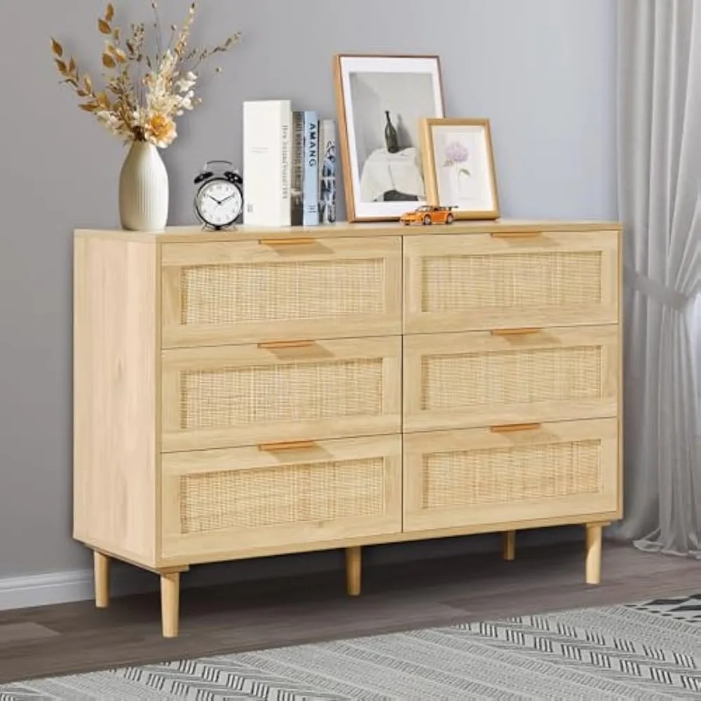 

6-drawer rattan vanity, rattan drawer box with wide open storage space, sturdy handles and legs