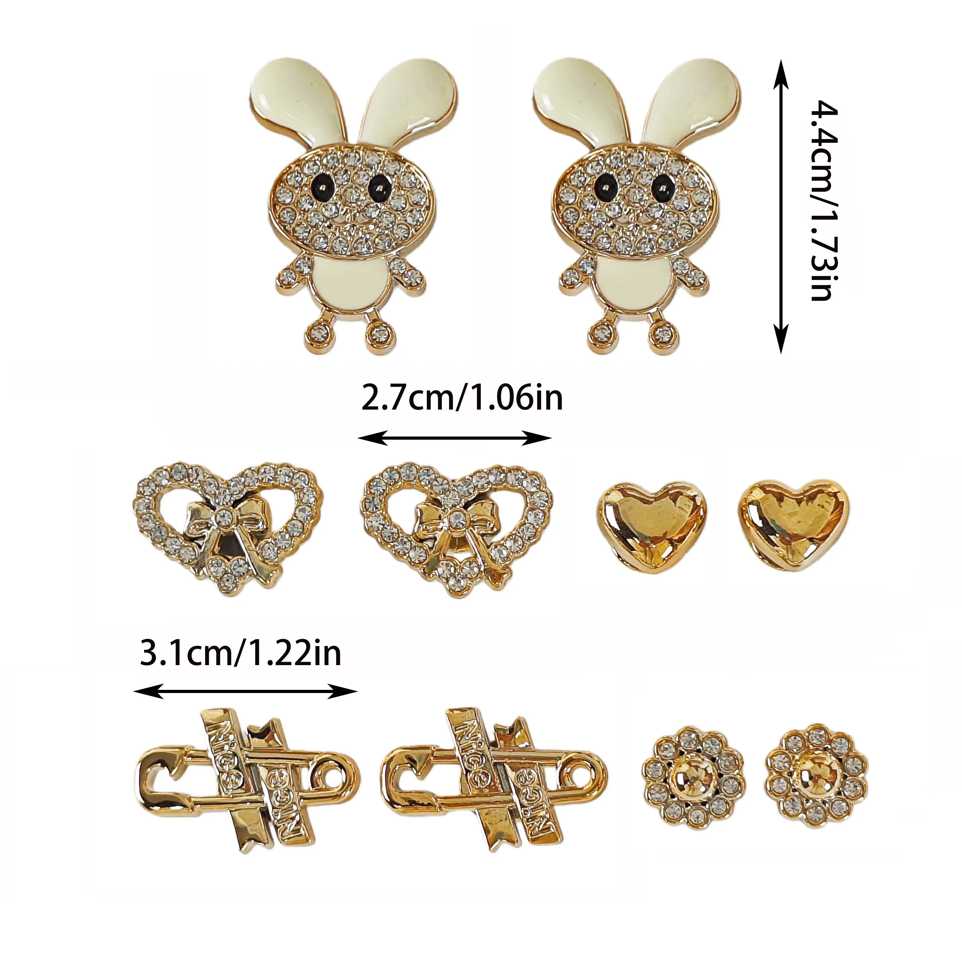 10Pcs DIY Shoe Decoration Charms Shiny Rabbit, Heart, Pin, Flower Decorative Buckle Non-Metal Lightweight Material Y2K Fashion Versatile Cute Personality for Men and Women Suitable for Eva Beach Shoes, Sandals, Removable Shoe Decoration, Holiday Gift