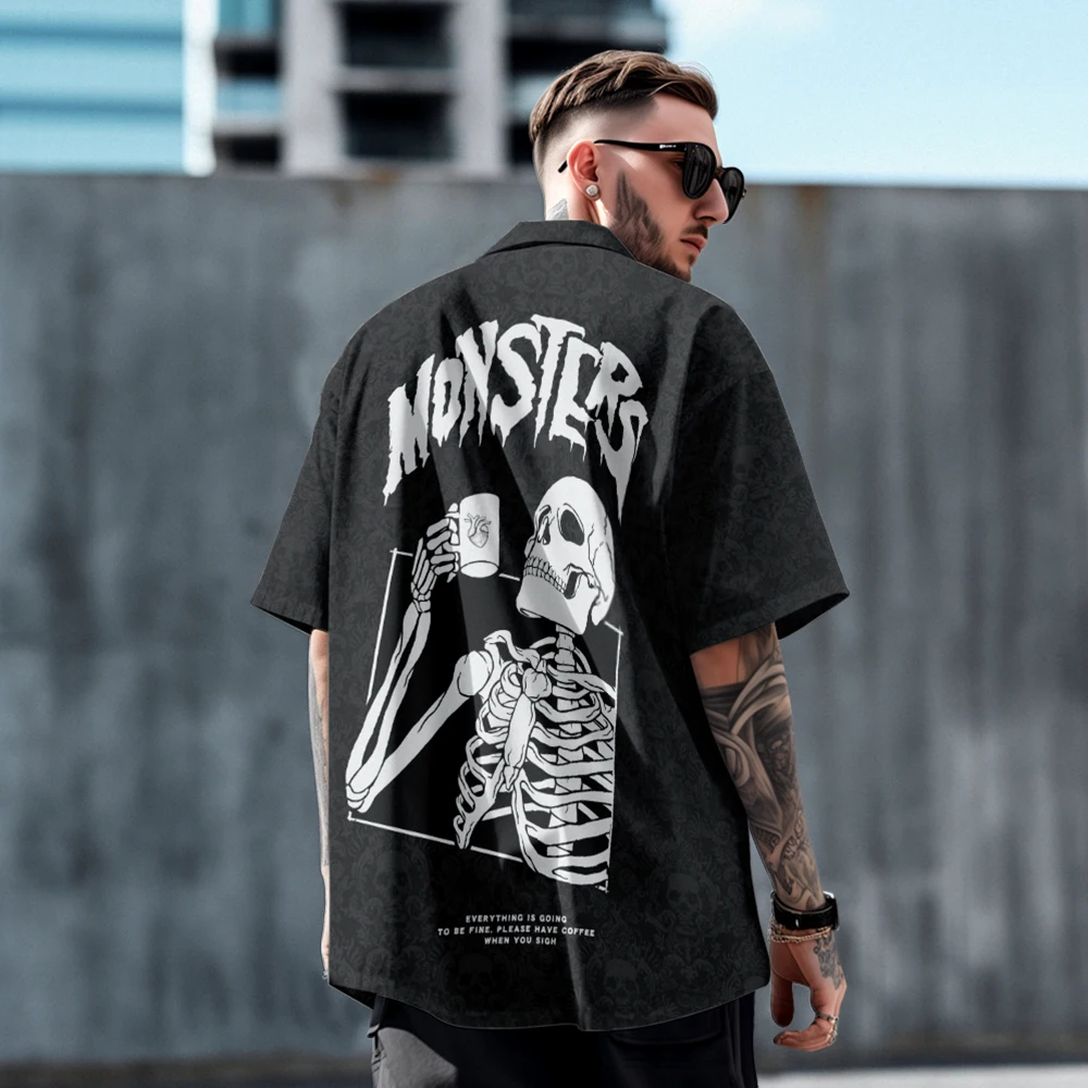 Street style Skull creative summer thin lapel T-shirt men's short-sleeved shirt loose plus size clothes