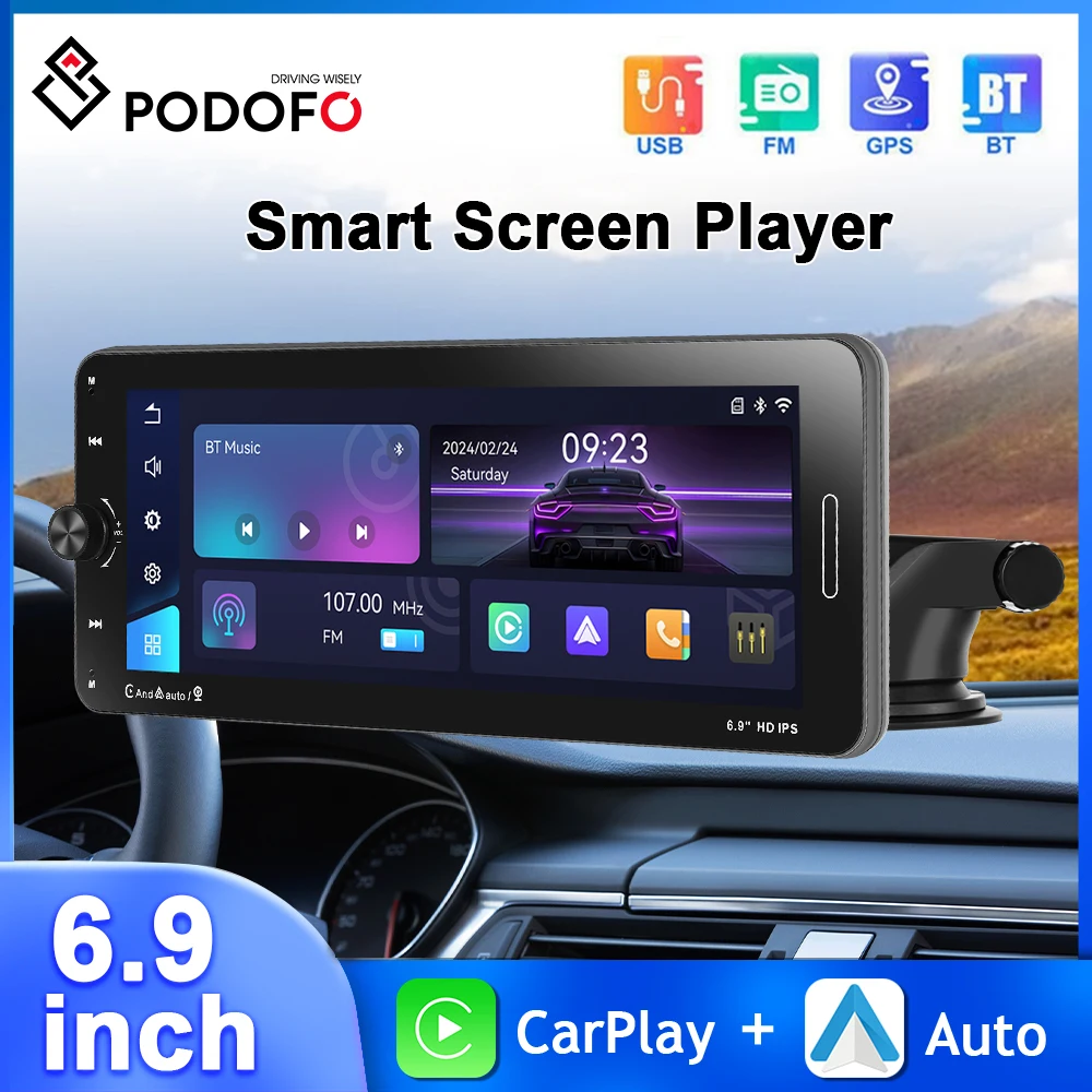 Podofo 6.9'' Smart Screen Player Dashboard Carplay Android Auto IPS Monitor Bluetooth Airplay Android Cast Volume Key Car Player