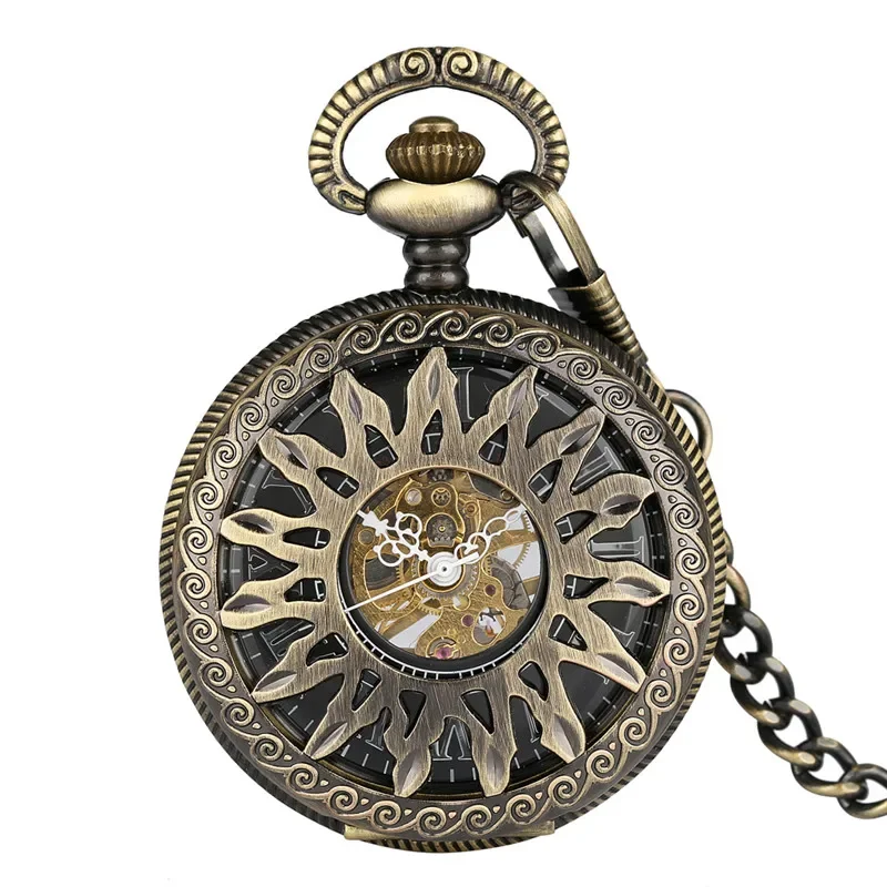 Antique Bronze Hollow Sun Flower Case Design Skeleton Handwind Mechanical Pocket Watch Gift to Men Women Roman Number Dial