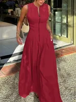 UOOZEE Office Lady Commute Pleated A-line Dress 2026 New Summer Fashion Solid Color Sleeveless Zipper Evening Maxi Dresses - Image 5