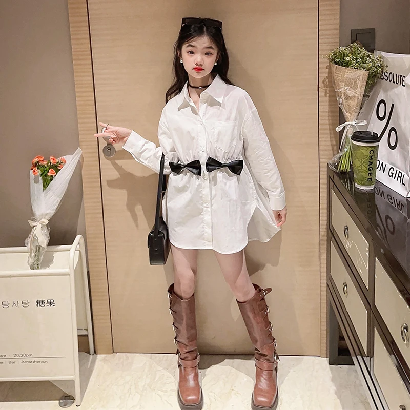 

White Blouse for Girls Shirts Dress Autumn Korean Style Baby Teens Girls Long Shirts Bow Cotton Long Sleeve Tops Clothes Kids