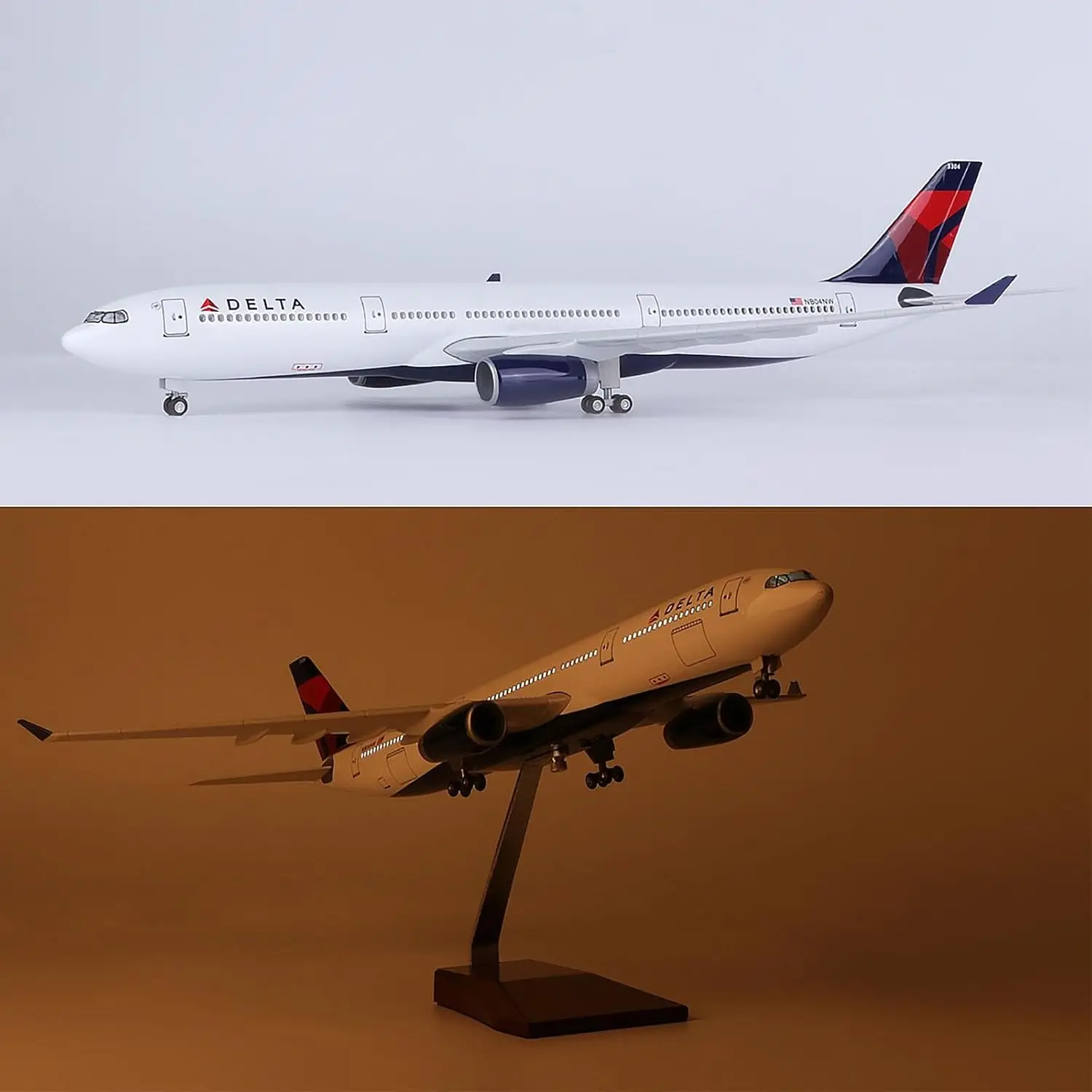 เครื่องบินของเล่นจำลอง Delta Airlines A330 ขนาด 1:135 ทำจากเรซิ่น ความยาว 47 ซม. พร้อมไฟ LED และฐานตั้ง ของเล่นเสริมพัฒนาการและงานอดิเรก