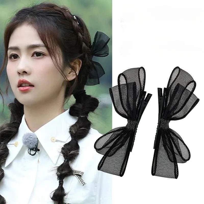 2pcs Elegant Mesh Bow Hair Clips Sweet Side Bangs Hair Card Temperament Forehead Clip Headdress Duckbill Clip