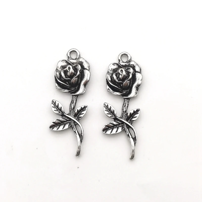 10pcs 14x36mm Rose Flower Silver Colour Alloy Tibetan Pendants Antique Jewelry Making Small Pendant DIY Handmade Accessories