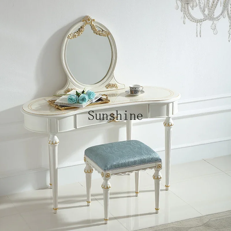 

French pastoral dresser small apartment gold-painted ivory white bedroom makeup mirror stool