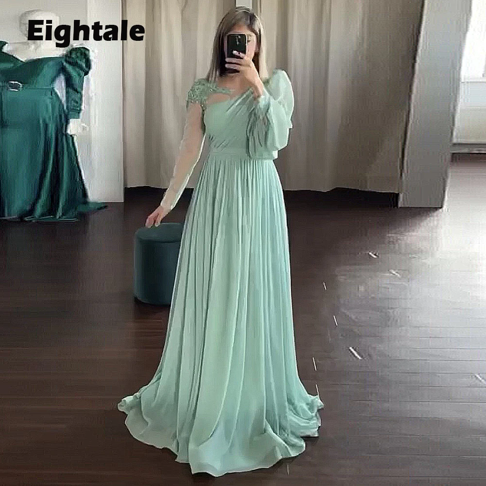 Eightale Elegant Evening Dresses for Wedding Party Long Sleeves Appliques Beaded O-Neck Pale Green Arabic Customized Prom Gowns