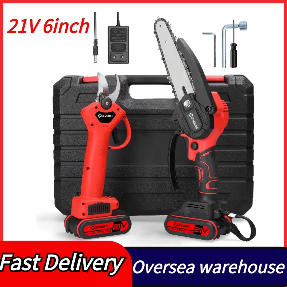 21V 6inch Portable Electric Chainsaw and 25mm Cordless Pruning Shear Set Wood Splitting Cutting Machine Kit Handheld Woodworking