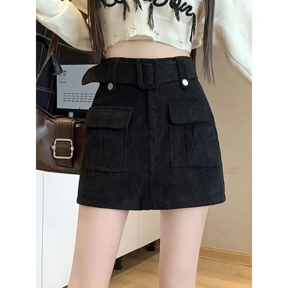 Retro Corduroy Workwear Skirt Women's Open Crotch Outdoor Sex Pants Summer Peach Hip A-line Sheath Mini Shorts Night Club Skort