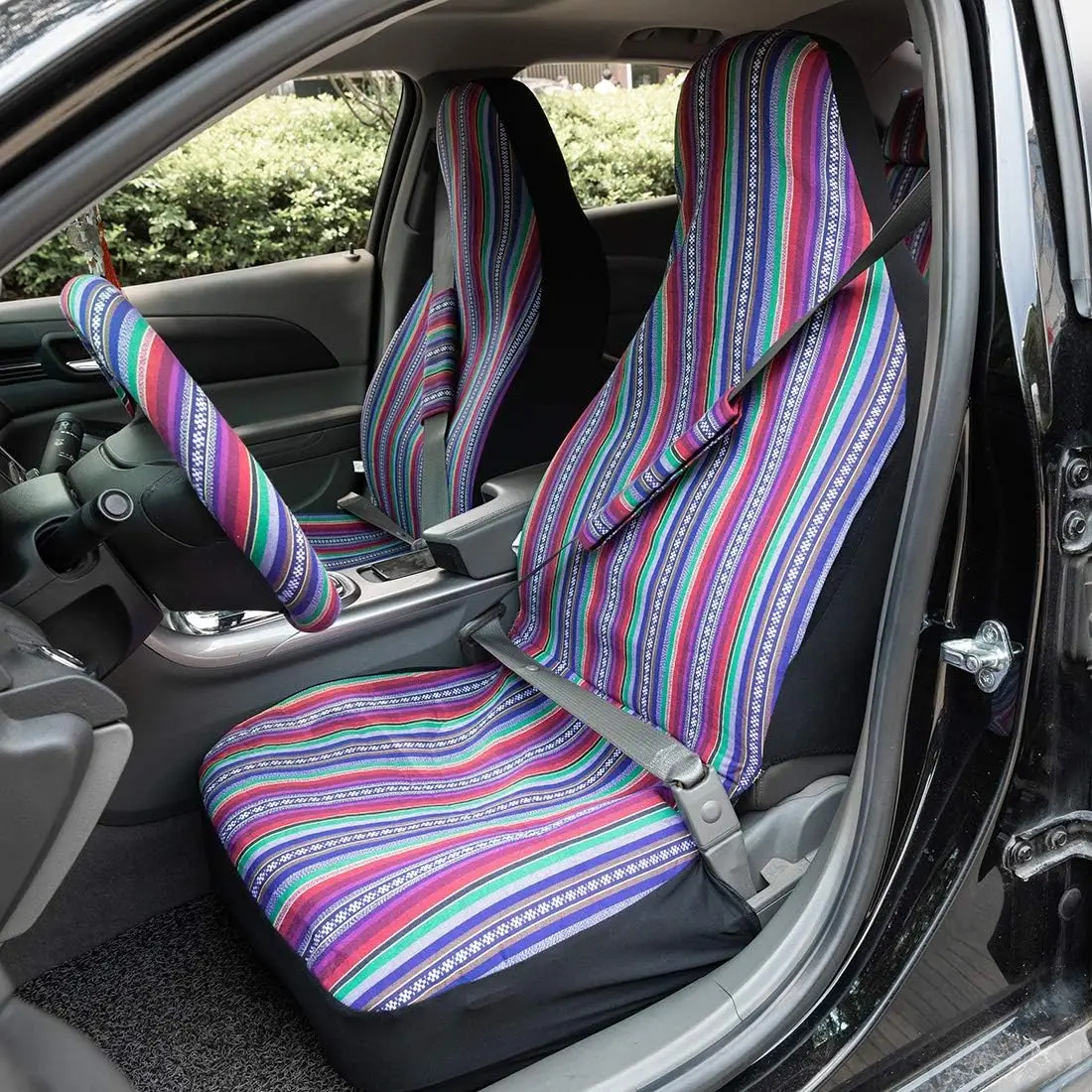 Universal  Striped Car Seat Covers Full Set with Seat Belt Pads Steering Wheel Cover Coarse Thread Fabric Seat Covers For Car