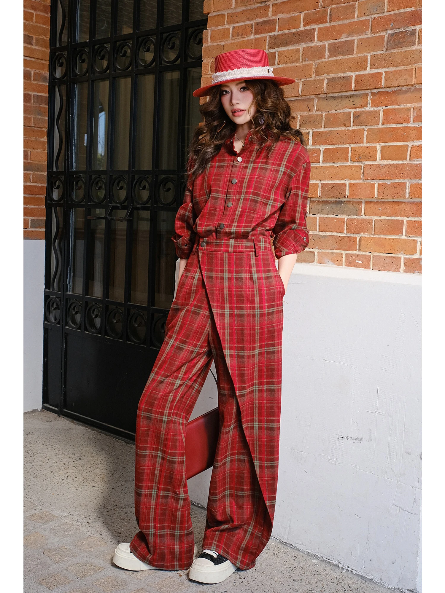 

Повседневные винтажные брюки-комбинезон MIUCO в клетку с воротником-рубашкой, на одной пуговице, прямые, длинные, с высокой талией, для офиса/повседневной носки