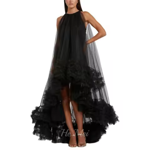 Customized A Line Prom Dresses Halter Tulle Evening Dress Black Simple Party Gowns Romantic Vestidos De Novia