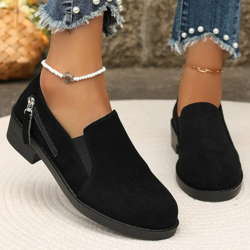 

plus Size2025New Round Toe British Style Women's Flats with Square Heel and Zipper Decoration, Comfortable Slip-On Export Shoes