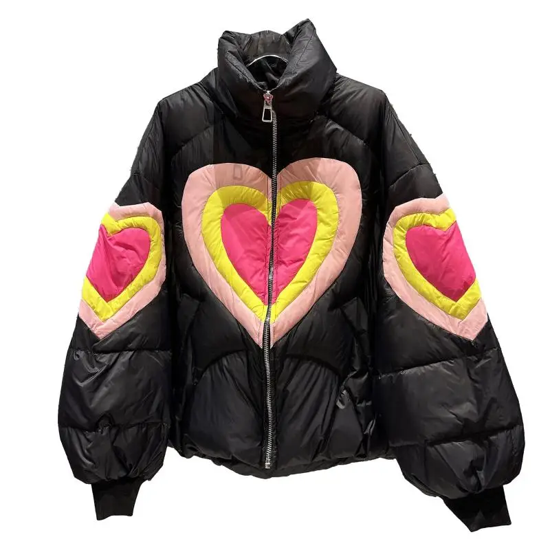 Heart-Shaped Print Down Jacket Women High Quality Parkas Spliced Fashion Couples Cotton Coat Thick Warm Winter Jacket Female