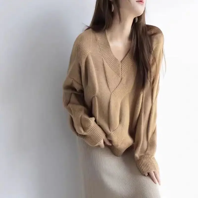 

Осень-зима, шерстяные теплые толстые вязаные пуловеры, женская одежда, винтажный свободный джемпер с v-образным вырезом, модные простые однотонные свитера