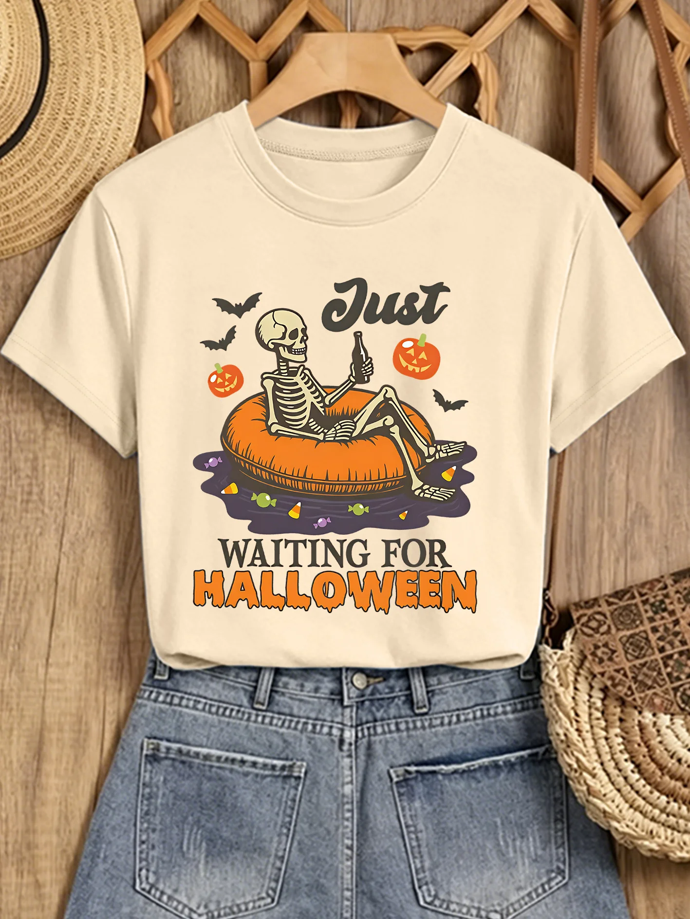 Halloween Women's Elegant Short Sleeve Just WAITING FOR HALLOWEEN Lying Swimming Circle Drinking Skeleton  Round Neck T-shirt