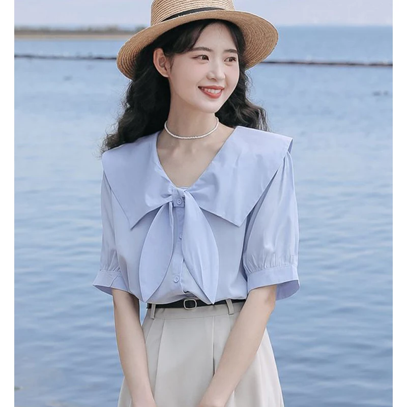 Women Summer Korean Fashion Bow Solid Color Peter Pan Collar Short Sleeve Shirts Women Clothes Casual All-match Appear Thin Tops