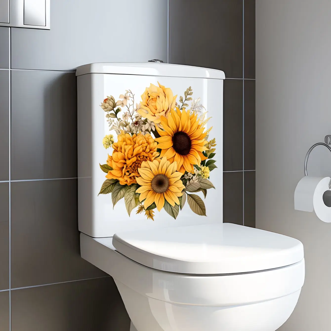 M229 Sunflower Wall Sticker Bathroom Toilet Toilet Lid WC Door Sticker Decor Living Room Cabinet Refrigerator Home Decals