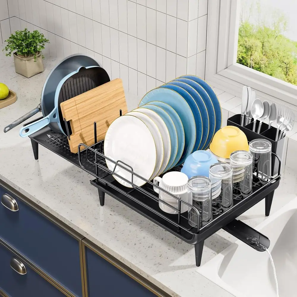 

Large Dish Drying Rack, Expandable Dish Rack or Kitchen Counter, Organization and Storage entials with Cup & Cutlery Holders, 16
