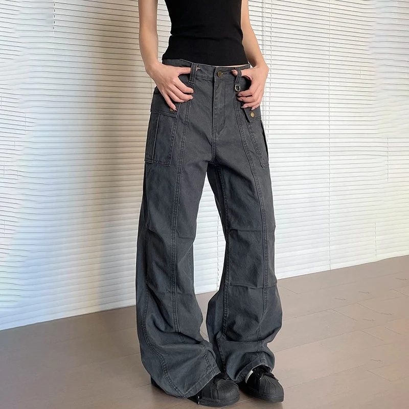 กางเกงขายาวลำลองทรงตรงสำหรับผู้หญิง สไตล์ไฮสตรีท แฟชั่นฤดูใบไม้ผลิและฤดูร้อน เอวสูง ดีไซน์ทันสมัย มีซิปและกระเป๋าหลายช่อง