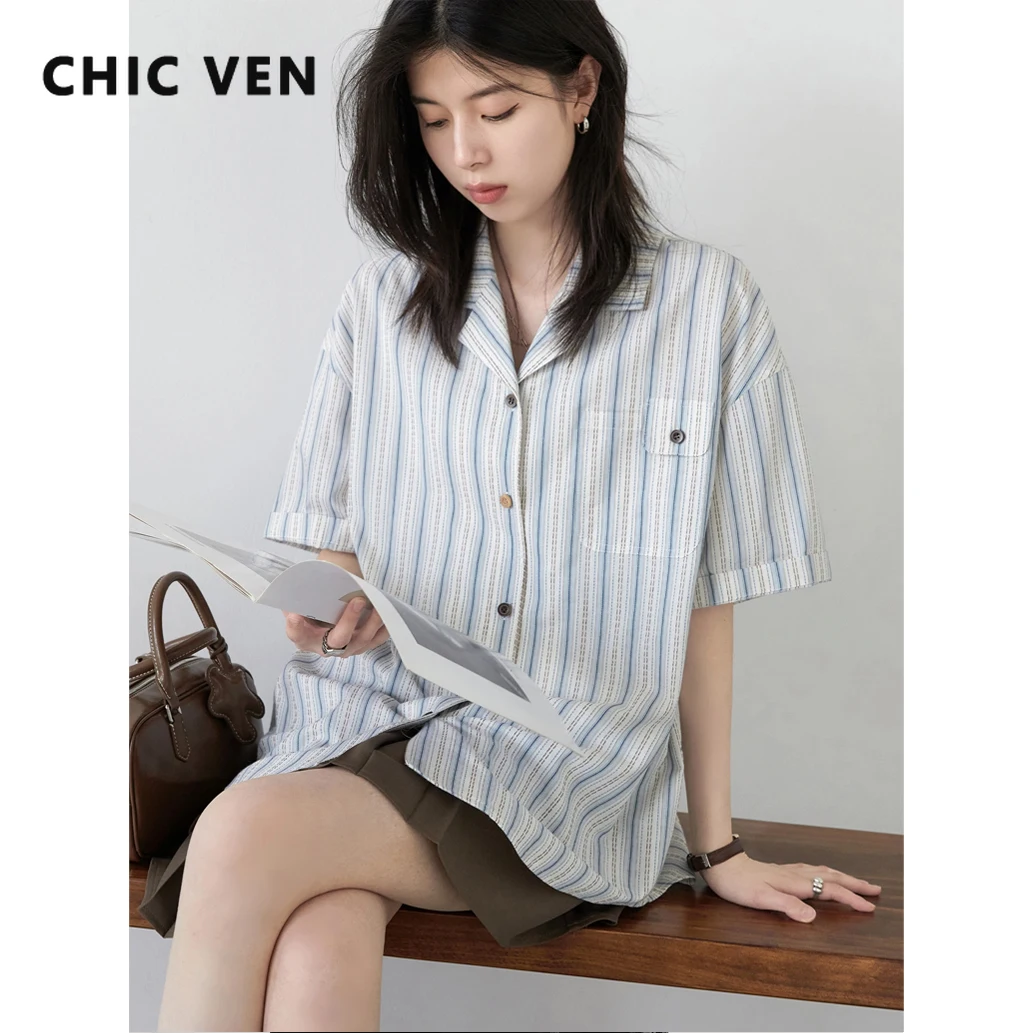 

CHIC VEN Fashion Women Shirt Single Breasted Loose Casual Stripe Short Sleeve Thin Blouses Cotton Female Coat Summer 2025