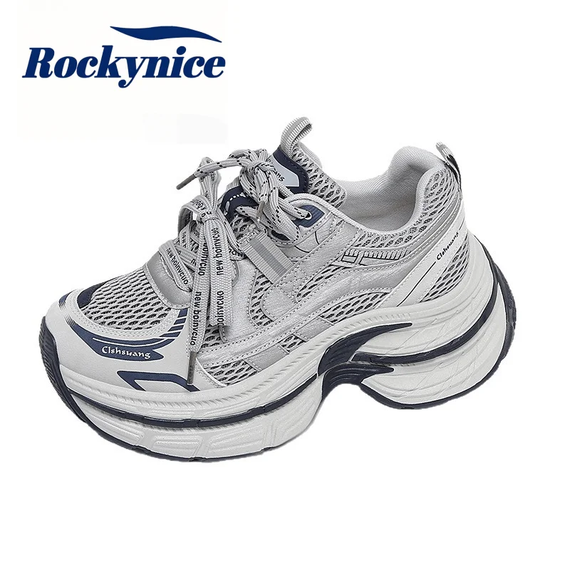 7CM Women Platform Sneakers New 2026 Summer Design Breathable Mesh Casual Dad Shoes Tennis Outdoor Lace-up Sports Shoes Female