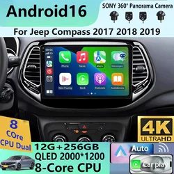 Android 16 Video Player Carplay Auto WIFI+4G For Jeep Compass 2017 2018 2019 Car Radio GPS Stereo Multimedia 2din Head Unit DSP