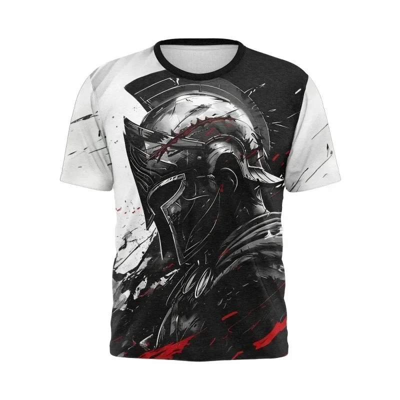 Camiseta Gráfica Vintage de Caballero Guerrero para Hombre, Impresión 3D en Blanco y Negro, Manga Corta, Verano, Casual, Transpirable