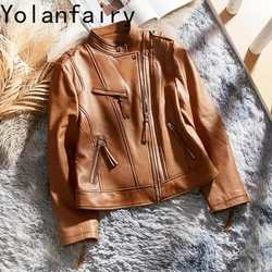 Real Leather Jacket Women Genuine Sheepskin Leather Jackets for Women 23 Spring Fall Short Leather Coat Stand Collar Brown Coats