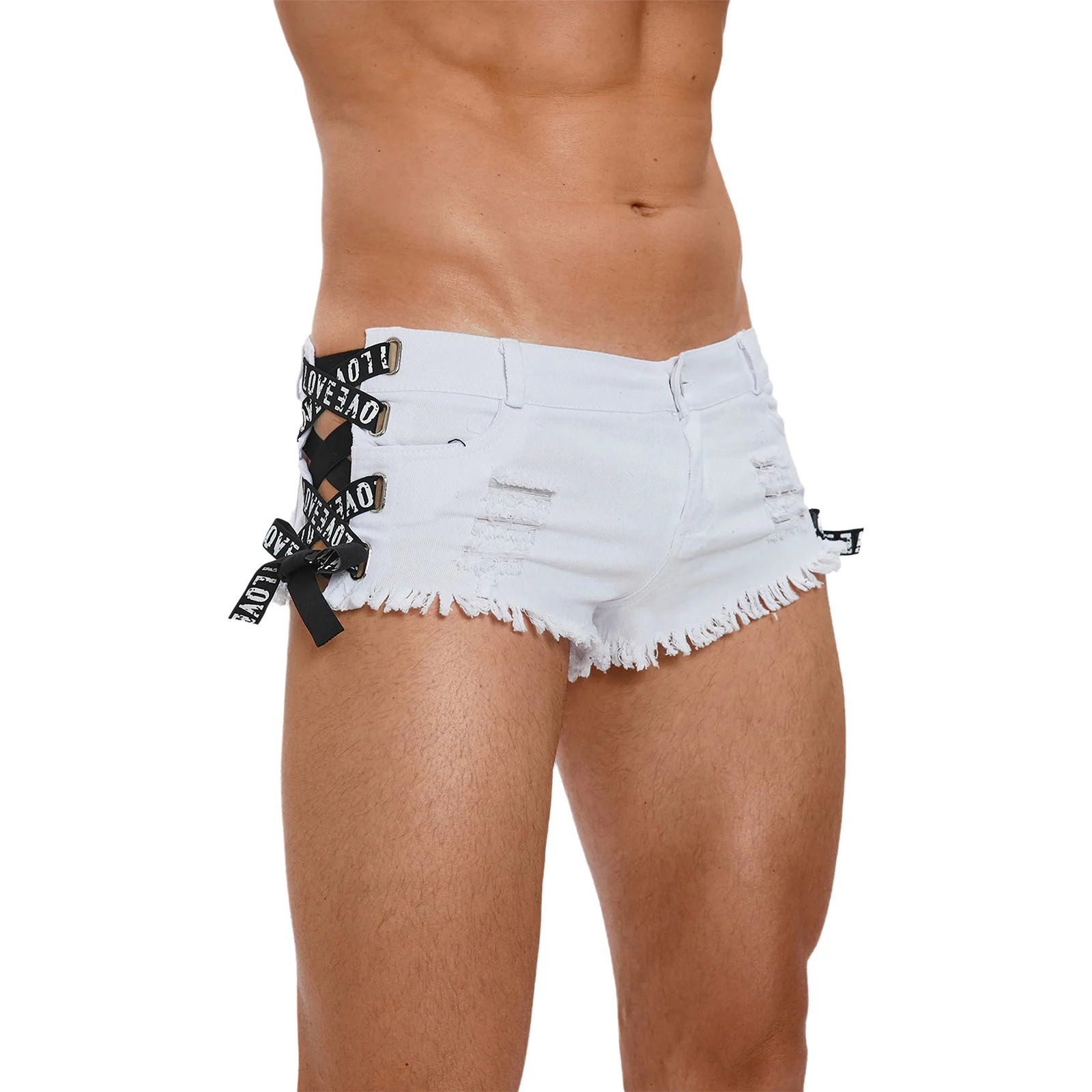 Mens Letters Ribbons Trimmings Criss-cross at Side Skinny Low-waist Ultrashort Hollow-out Jeans Shorts with Pockets Clubwear view 4