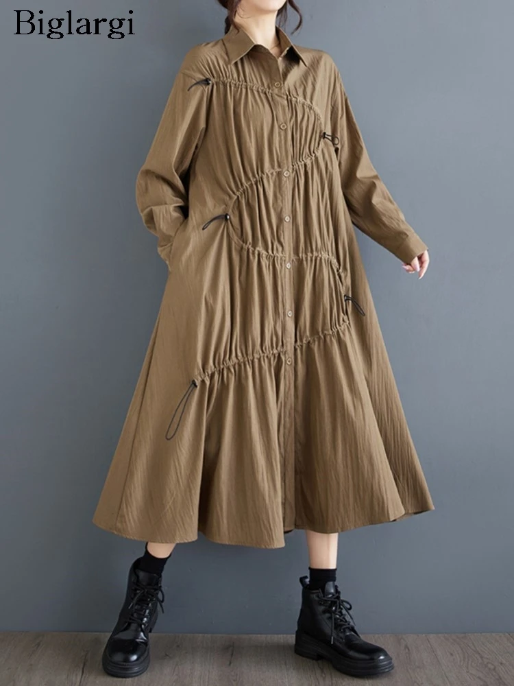 Oversized Herfst Shirt Jurk Vrouwen Onregelmatige Geplooide Mode Dames Lange Jurken Ruche Losse Casual Vrouw Lange Mouwen Jurk