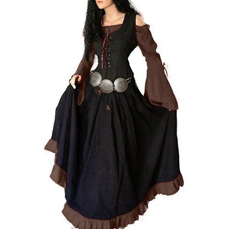 European and American Medieval Period Palace Retro Slim-fitting One-line Collar Strappy Dress with Bell Sleeves Anime Cosplay