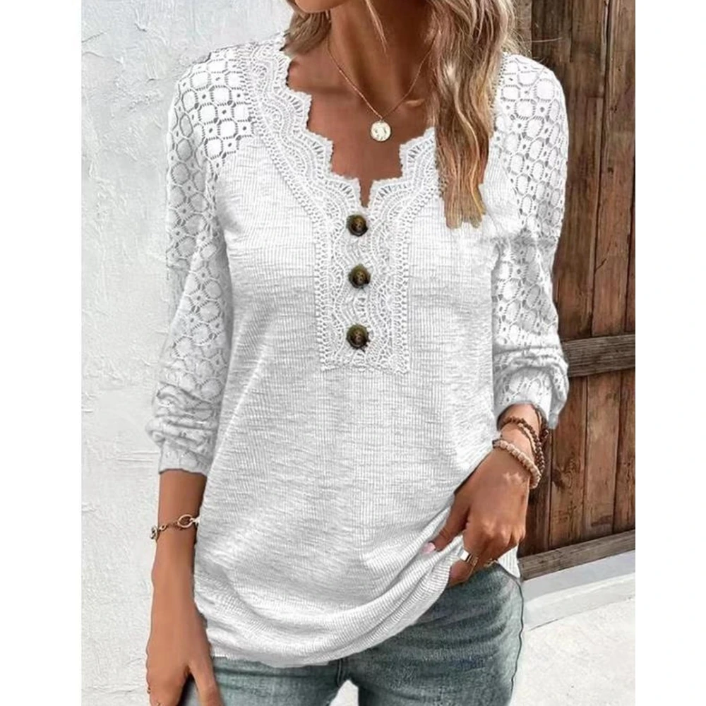 

Women Contrast Lace V Neck T Shirts Long Sleeve Hollow Out Button Front Blouse Femme Casual Blouse Top Femme Elegant Outfits