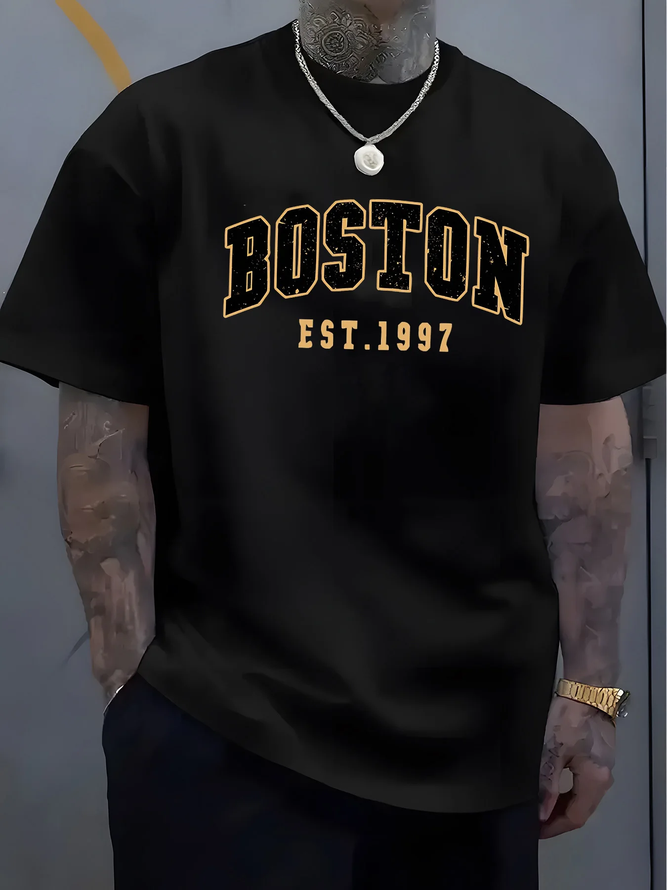 Summer Men's 100% Pure Cotton Casual Fashionable Loose Boston EST 1997 Printed Round Neck Short Sleeved T-Shirt Versatile Top