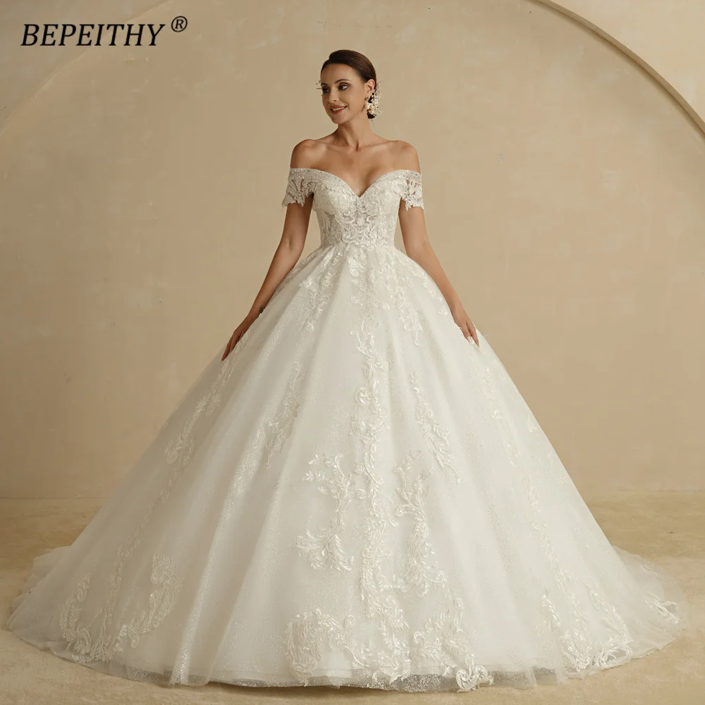 BEPEITHY Customized Off Shoulder Lace Wedding Dresses 2022 For Women Vintage Shinny Glitter Bridal Ball Gown Vestidos De Novia