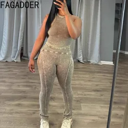 FAGADOER Rib Khaki 2 Piece Sets Women Outfit Casual Round Neck Solid Sleeveless Tank Top And Leggings Pants Street Sportswear